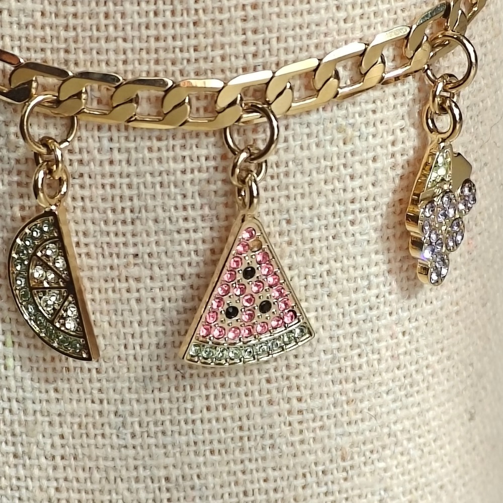 Gold Tone Fruit Charm Bracelet‎ Pave Crystal Watermelon Lemon Grapes Curb Chain